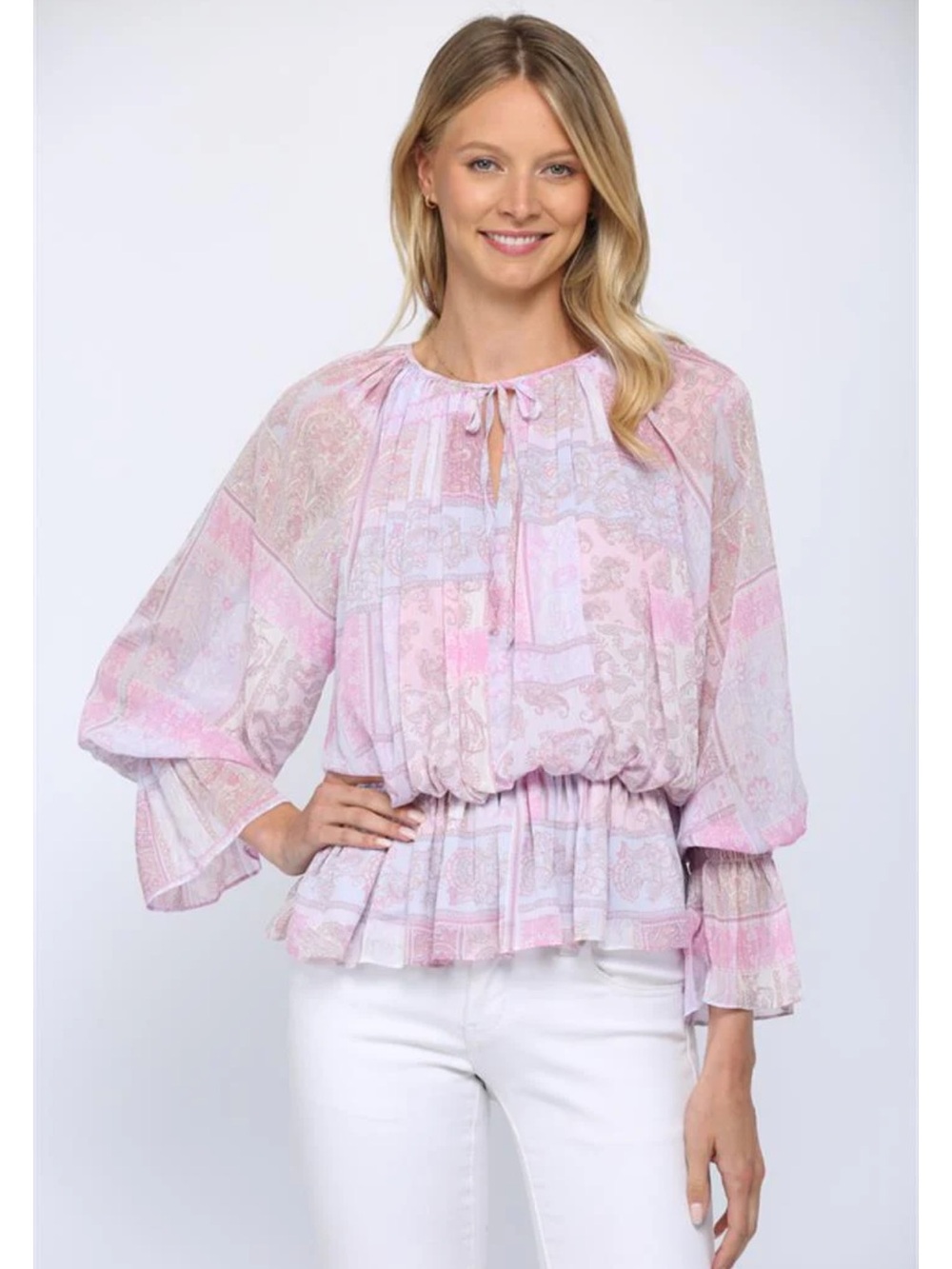 Women's Pink Floral Peasant Blouse